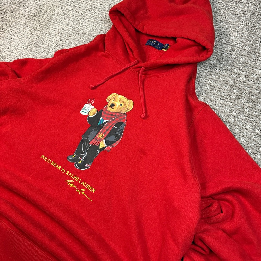 Polo Ralph Lauren Polo Bear Hoodie Mens XL Red Coffee Suit Graphic Sweatshirt - Picture 1 of 8